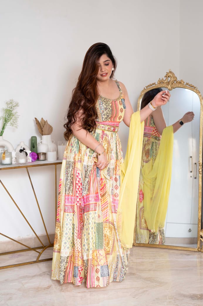 peach faux georgette readymade gown with dupatta online fabgo20184 fabanza